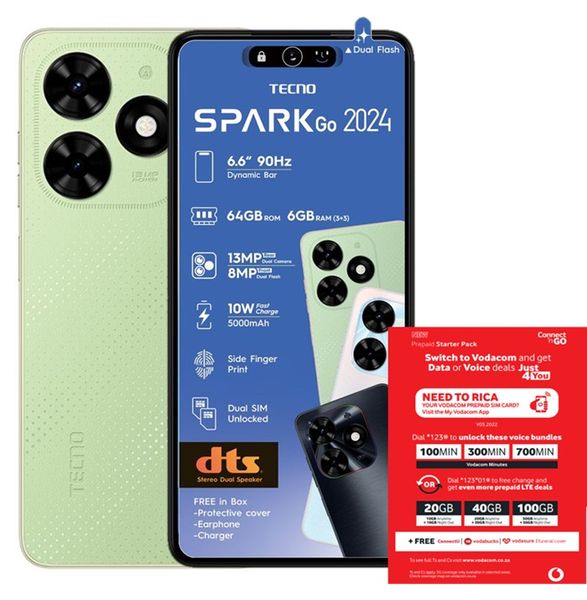 TECNO Spark Go 2024 LTE Dual Sim - Magic Skin Green + Vodacom SIM Card Pack