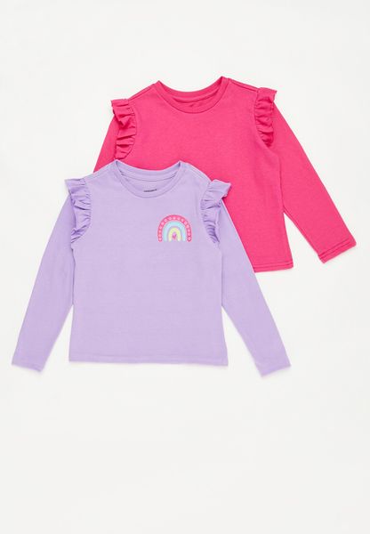 Younger Girls 2 Pack Graphic Long Sleeve Tees - Purple/Rose Pink