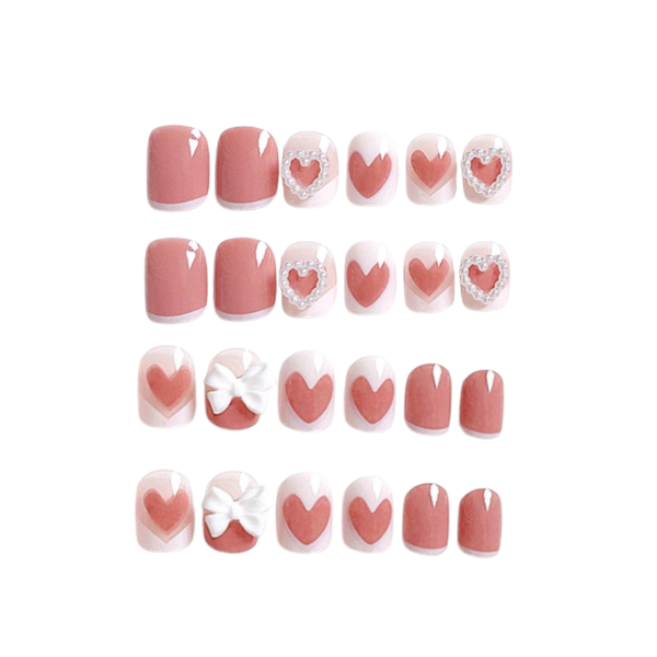 24pcs Short Oval Press-On Nails With 3D Heart And Bow Accents - Pink
