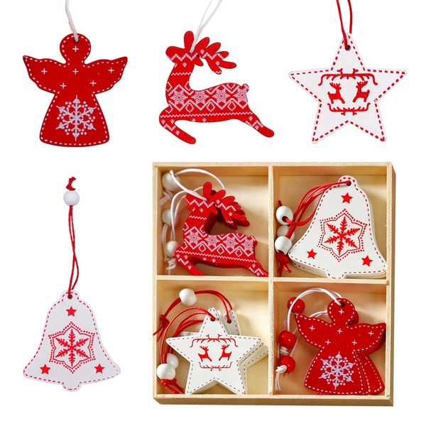 12PCS Christmas Ornaments Set, Natural Wood Holiday Decorations