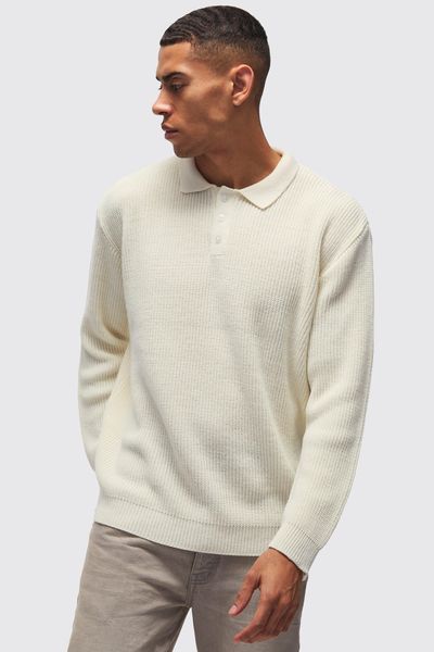 boohooMAN - Men's Knitted Rugby Style Polo Shirt - Ecru