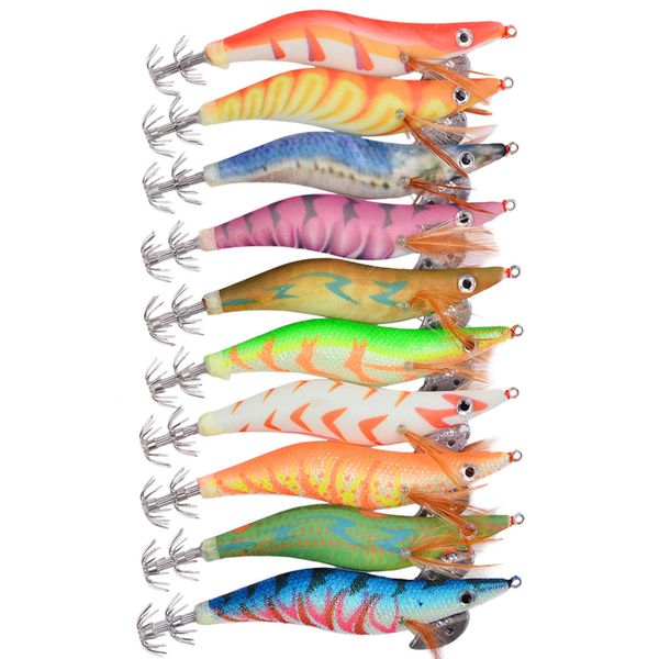 10Piece Wooden Luminous Squid Jig Lures Baits Set With Bag - 2.5/3.0/3.5 Size