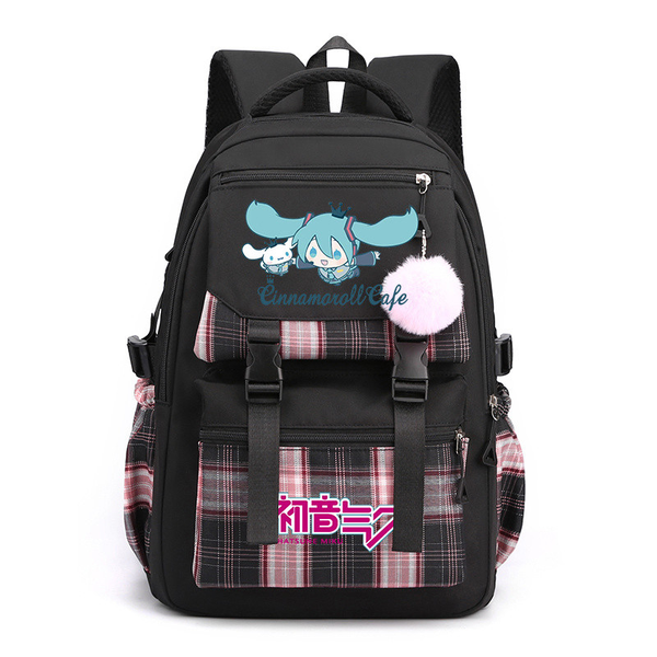 Student Backpack Cute Cartoon Hatsune Miku Plaid fabric Nylon Schoolbag
