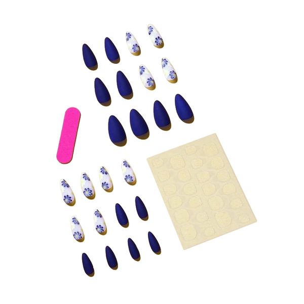 24 Piece Floral Pattern Stick On Nail Set Blue