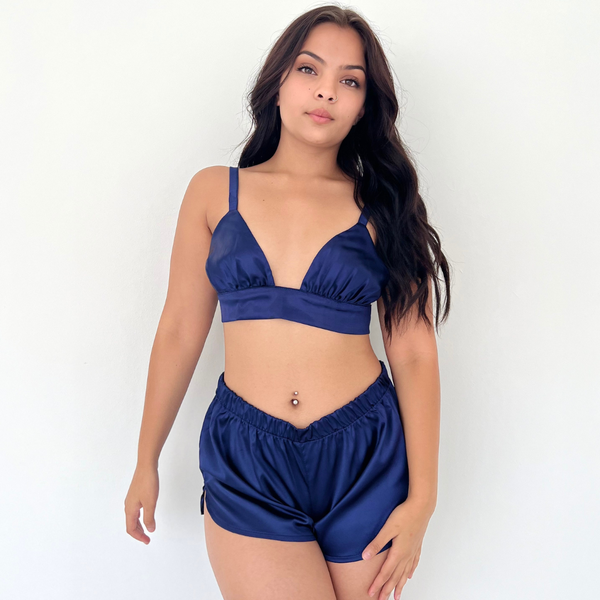 Satin Bralette and Shorts Set - Navy Blue