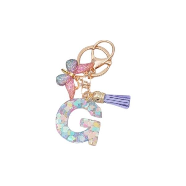 "G" Keychain With Gradient Butterfly Charm & Purple Tassel - Multicolor