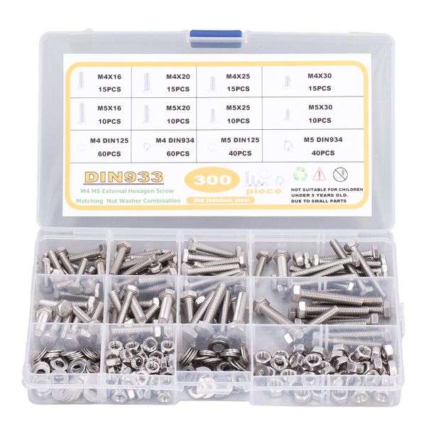 300 Pieces DIN933/934 Screw/Nut/Washer Kit
