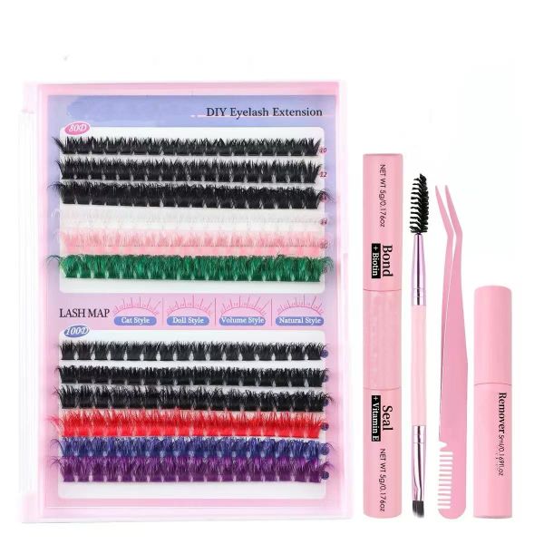 210pcs DIY Colored Eyelash Clusters 10-18mm Thick Eyelash Extension Kit