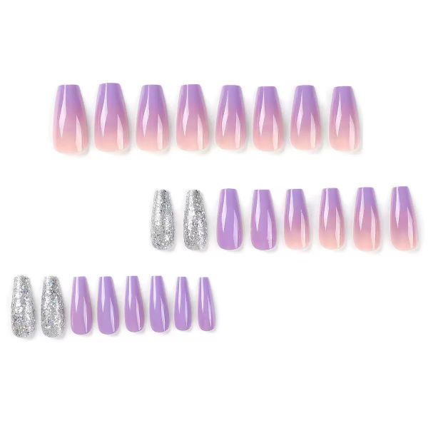 Purple Gradient Nail Art With Silver Glitter False Nails