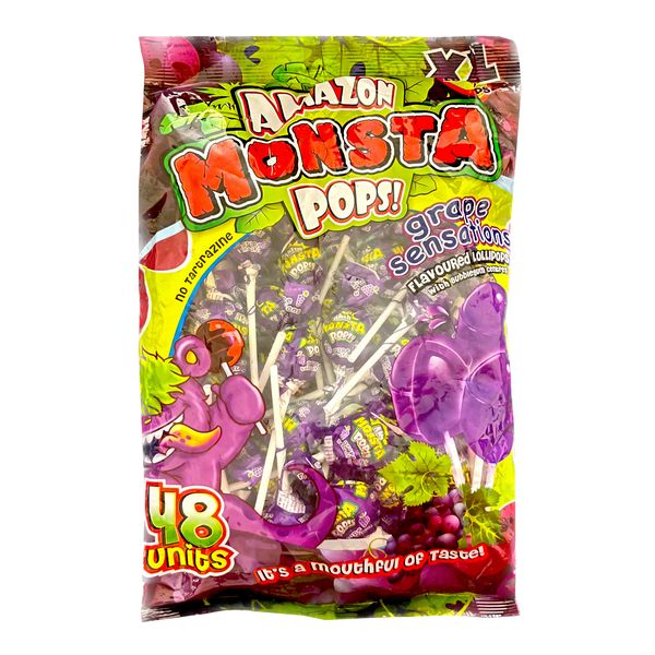Monsta Pops - 48 Grape Sensation Flavoured Bubblegum Centre Lollipops