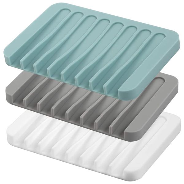 3 Piece Self Draining Premium Silicone Soap Holder Dish For Bathroom Kitchen