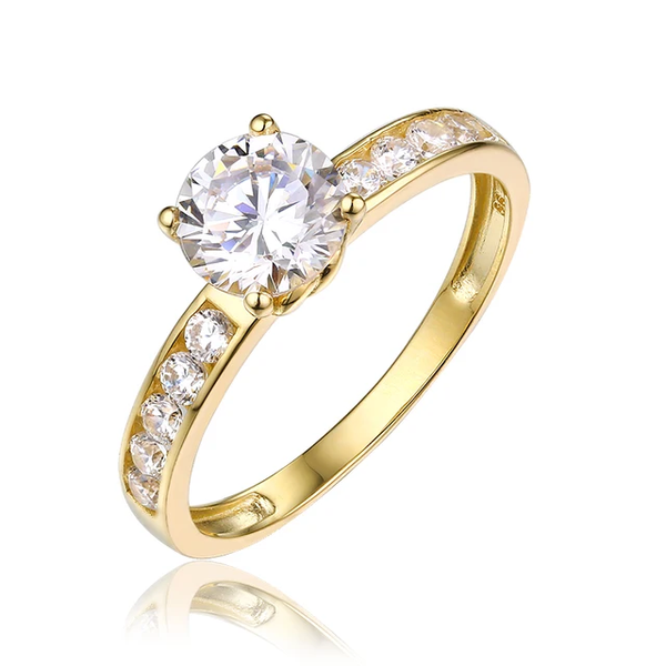 Genuine 9K Gold, Solitaire, Cubic Zirconia Ring, Inset Pave' Shoulders
