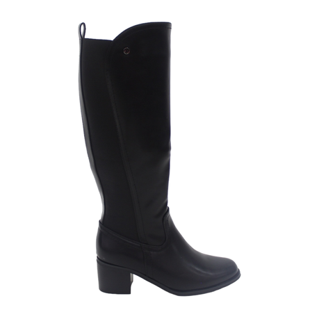 Black knee high top boots with elastic back