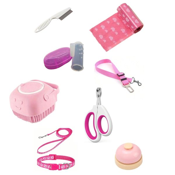 Pet Grooming Kit - Brushes/Waste Bags/Collar /Leash/Flea Comb/Bell