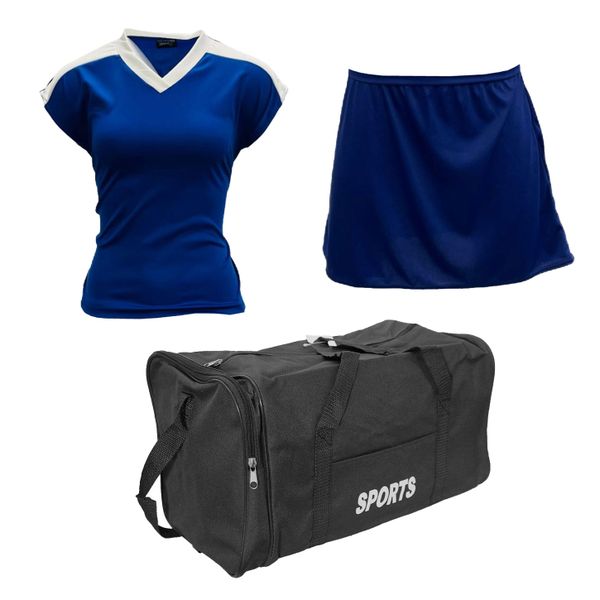 Netball Top/Skirt Kit Set for Women's Team of 10-Royal Blue/White &amp; Bag