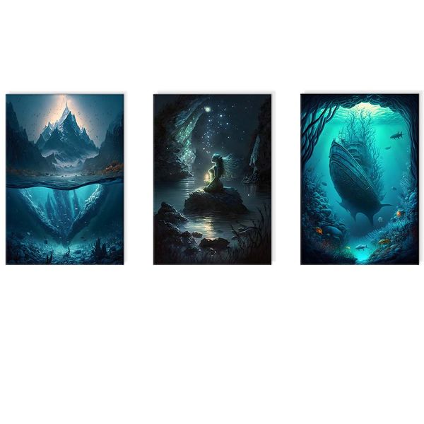 Canvas-Art-3 Pieces Dark Blue Sea Mermaid ,Mountain and Pirate ship Wall Art