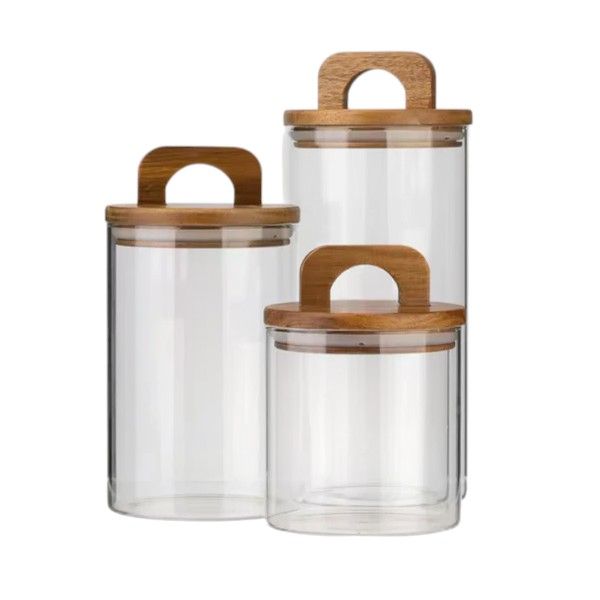 3-Pack Glass Storage Jars with Wooden Lids - 1400ml, 1100ml &amp; 650ml - Clear