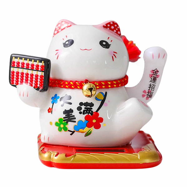 Lucky Money Ceramic Cat Solar Powered Waving Arm Fortune Cat - Abacus Hold