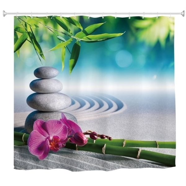 Shower Curtain Modern Custom Design - Pebbles and bamboo Zen Pink