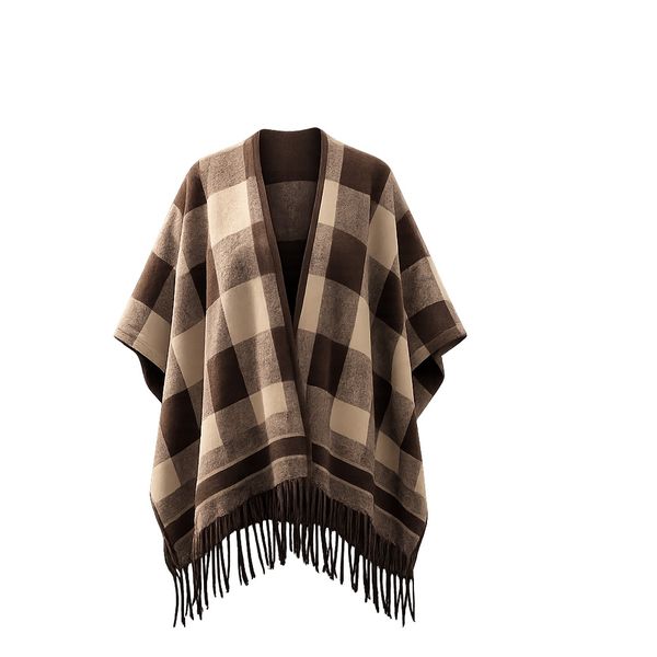Women's Brown Check Poncho Scarf Shawl with Tassel Fringe