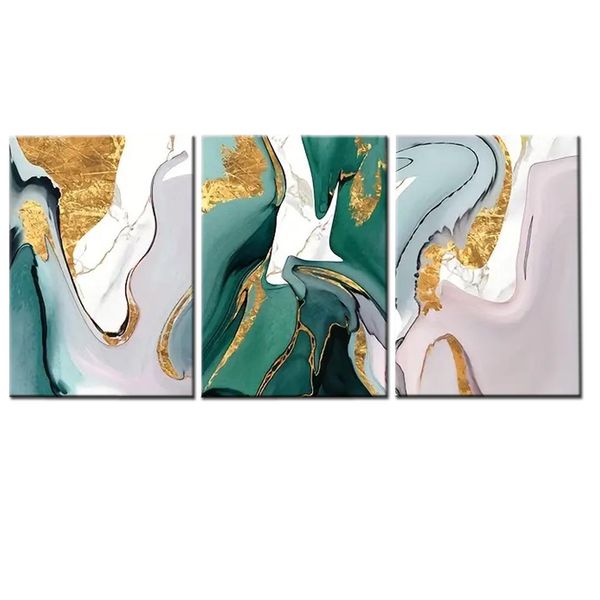Canvas- Art - 3 Pieces Emerald Green &amp; Gold Abstract Canvas Wall Art Decor