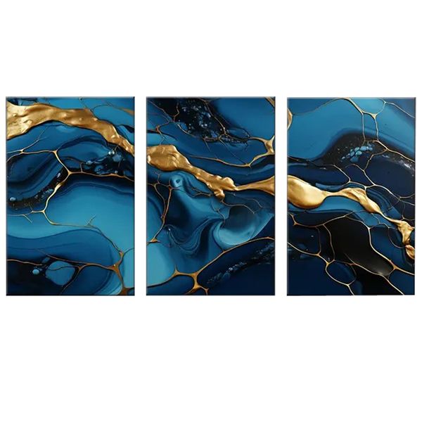 Canvas-Art-3 Pieces Royal Blue Golden Fluid Abstract Wall Art