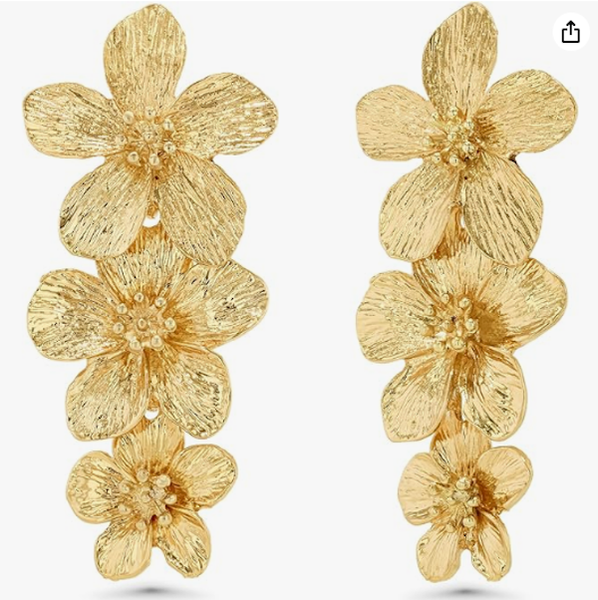 Textured Triple Flower Drop Earrings - Gold Stainless Steel