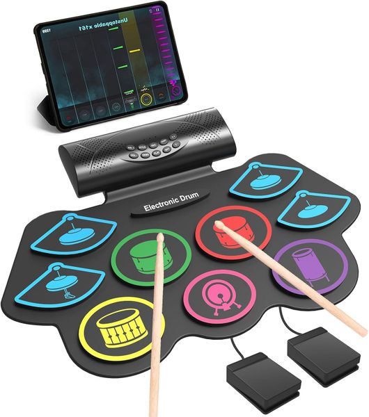 Electronic Drum Set,Roll Up Portable Drum Pad Kit Built-in Speaker for Kids
