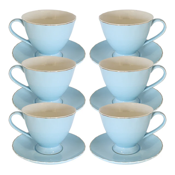 Blue Cup and Saucer Set with Gold Rim - 12 Piece