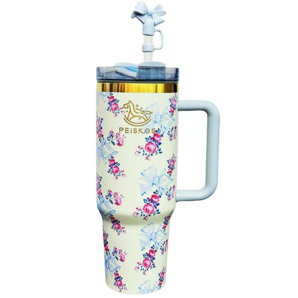 PEISKOS 1200ml Fantasy Floral Series Insulation Flask with Bow Straw Cover