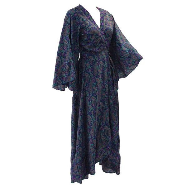 Bell Sleeves Maxi Wrap Kimono Dress - Ibiza Blue Green Paisley