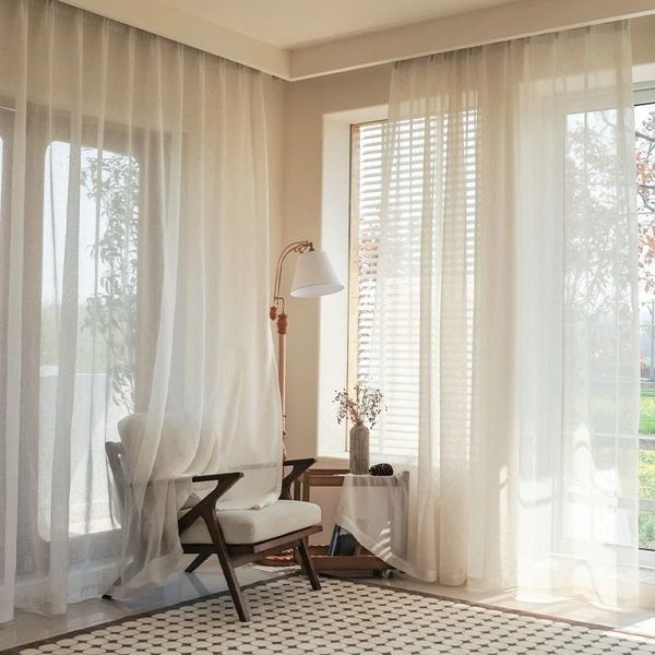 Brown Sheer Plain Living Room Taped Curtains