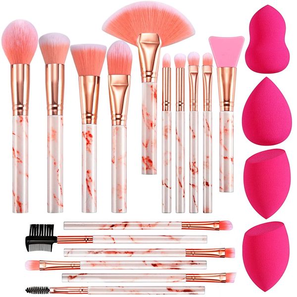16Pcs Marble Handle Makeup Brushes Set with 4Pcs Makeup Sponge