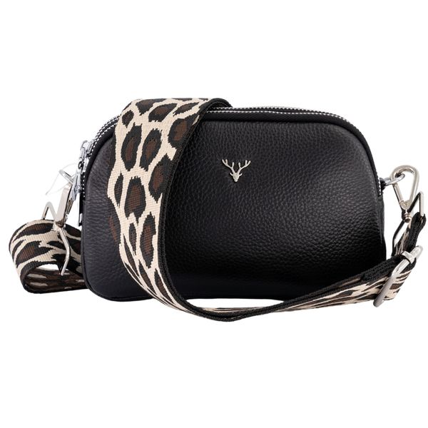 Jetsetter - Grey Genuine Leather Crossbody Bag with Leopard Print Strap