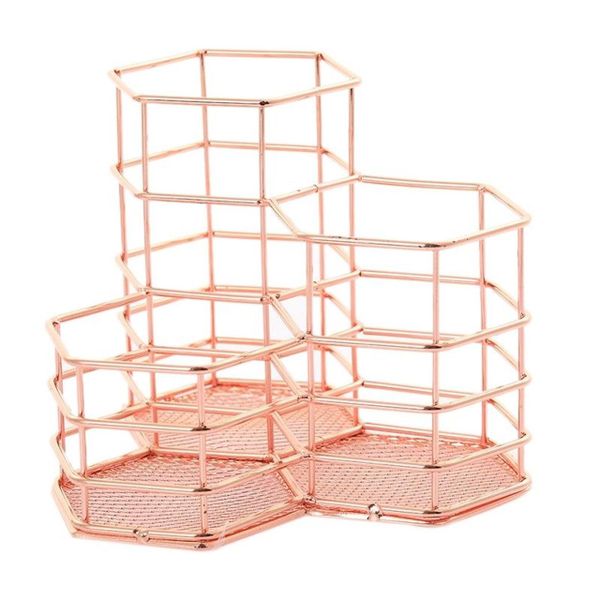 3 Compartment Iron Frame Golden Desk Storage Makeup Brush Stationery Holder