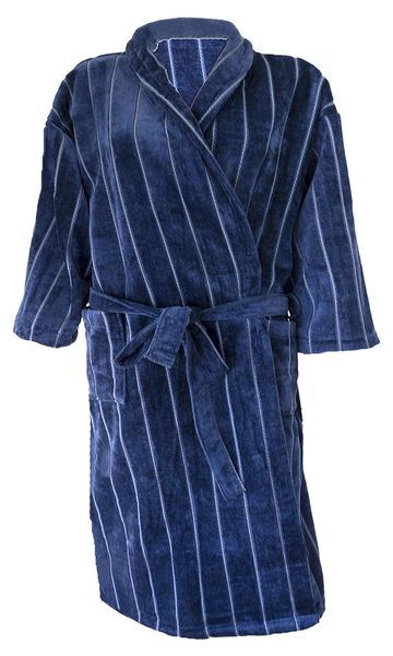 Bunty's Shawl Collar Stripes Velvet Bathrobe (One Size Fits All) - Navy