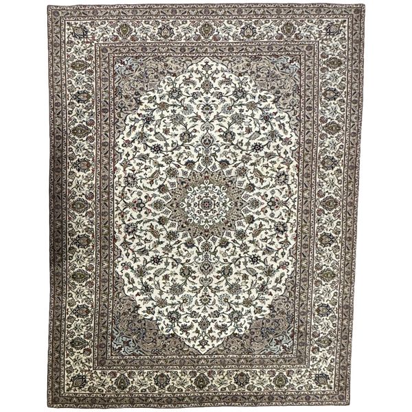 350 x 255cm Handmade Persian Kashan Ivory and Beige Wool Rug