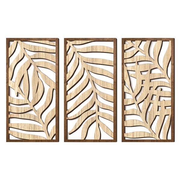 Decor Palm Leaf Geometric Framed Natural Wood Wall Art 3 Piece- 40cm