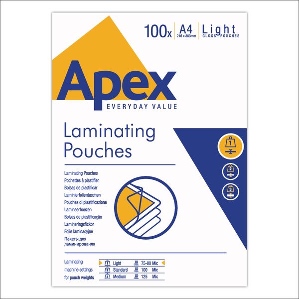 Apex Laminating Pouches Light A4 Gloss, 150 Micron, 100 Pack