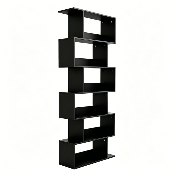 Wooden 6 Tier Geometric Bookcase Black Shelf for Indoor Decor &amp; Storage