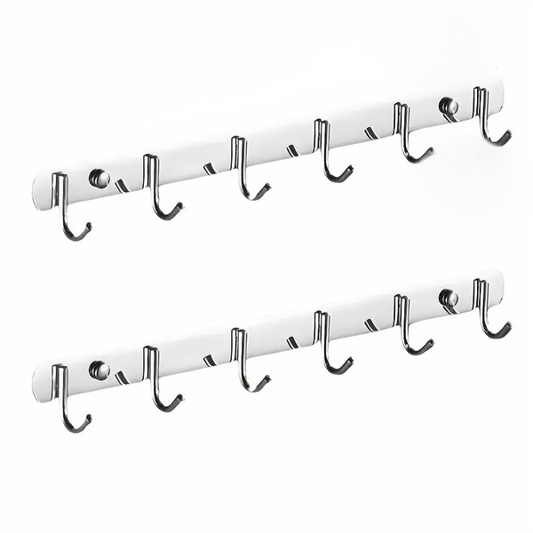 2 Piece 6 Hooks Silver Stainless Steel Wall Hook