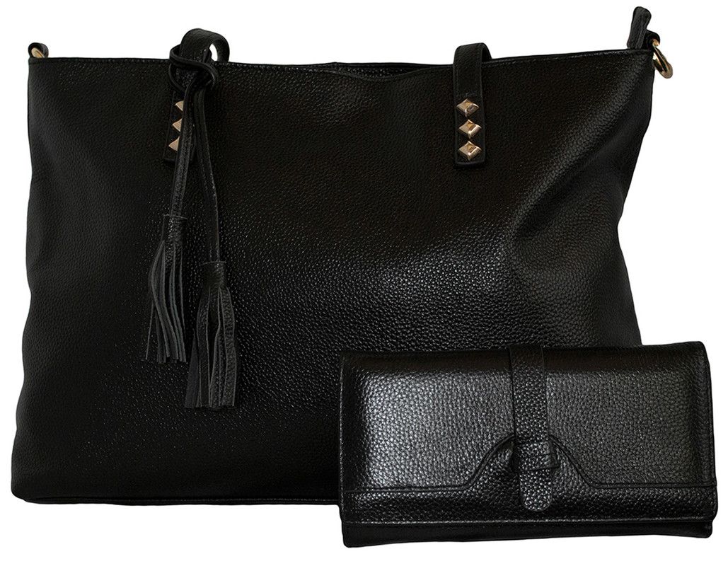 Gio Full Grain Genuine Leather Handbag with Tassel & Purse Set Black