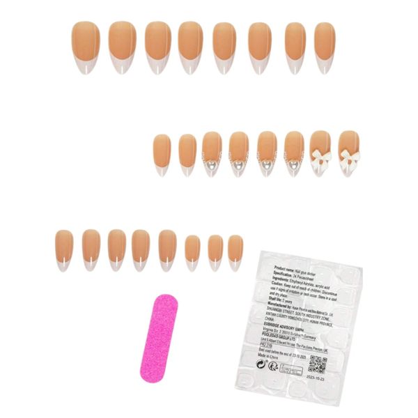 24 Pieces Almond Shape 3D Bow Decor Press-On Nail Set - White/Nude