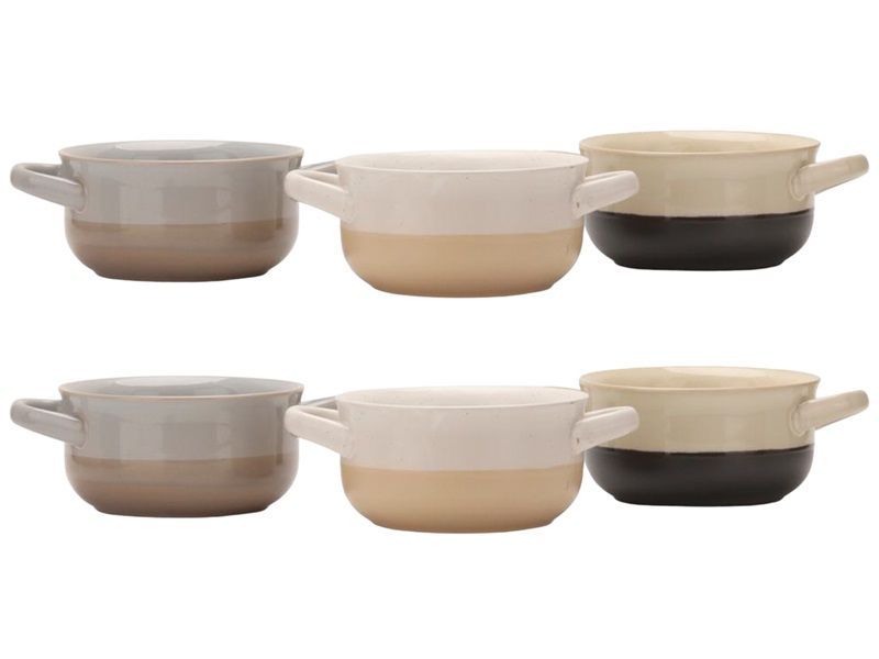 6 Piece Ceramic Soup Bowl with Handles 3 Assorted Colours