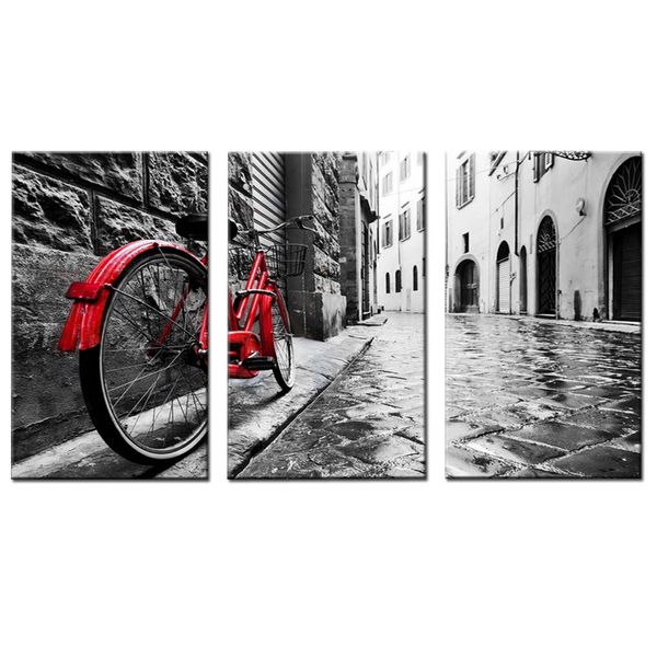 Canvas-Art-3 Pieces Vintage Red Bike Print In Black and White Wall Art