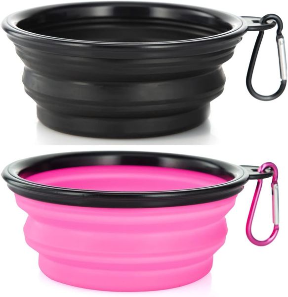 2 Pack Collapsible Pet Bowl 2 Carabiners Portable Dog Cat Travel Walking