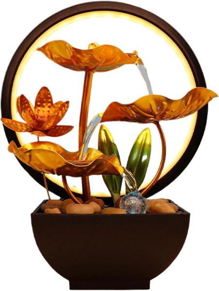Gold Blooming Flower and Leaf Indoor Tabletop Fountain Ornament