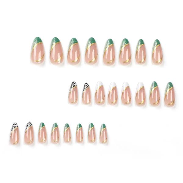 False Almond Press On Nail Tips with Gold Foil French Tips