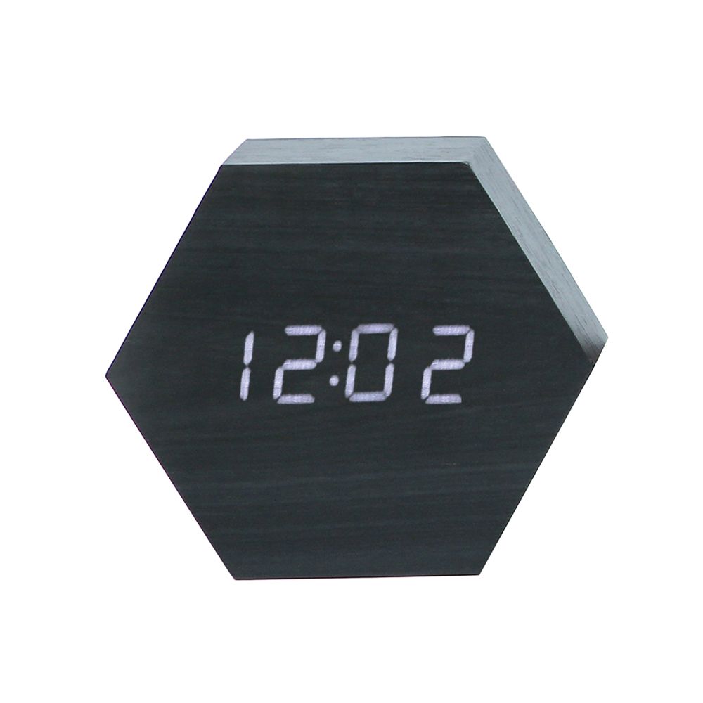 Portable Hexagon Wooden Shape Digital Desk Alarm Clock Black Shop