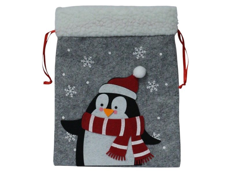 Grey Felt Xmas Gift Bag with Penguin - 205x20x260mm with Red Drawstring
